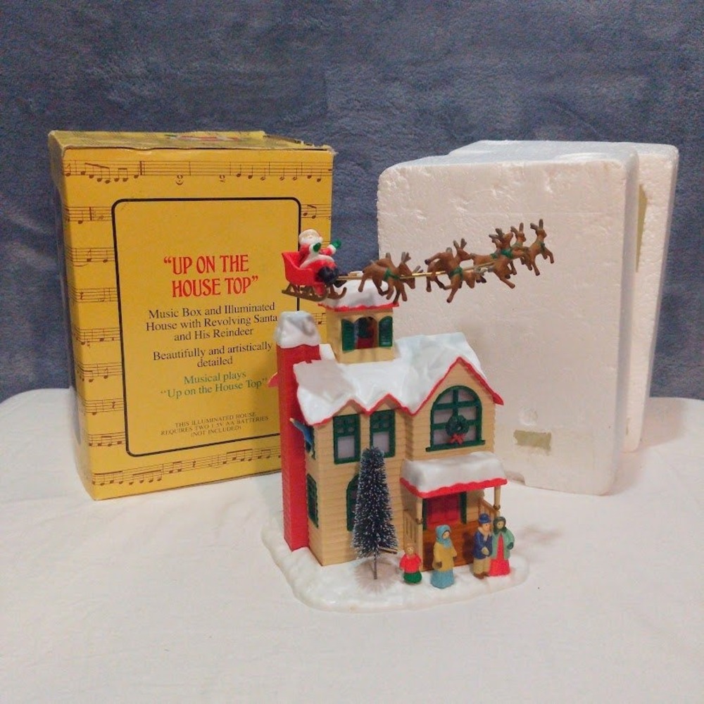 Vintage Enesco Up On The House Top Musical Revolving Santa Reindeer House Box